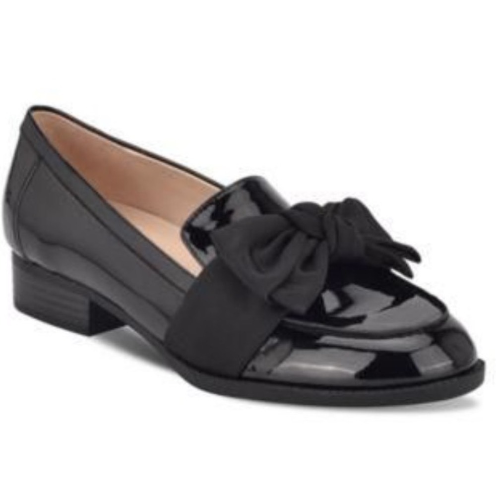 Bandolino Lindio Black Patent Bow Loafers Womens 6.5 W Wide Flat Shoes New Box